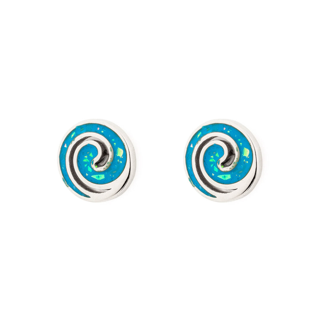 Spiral Stud Earrings with Ocean Blue Details in Stainless Steel