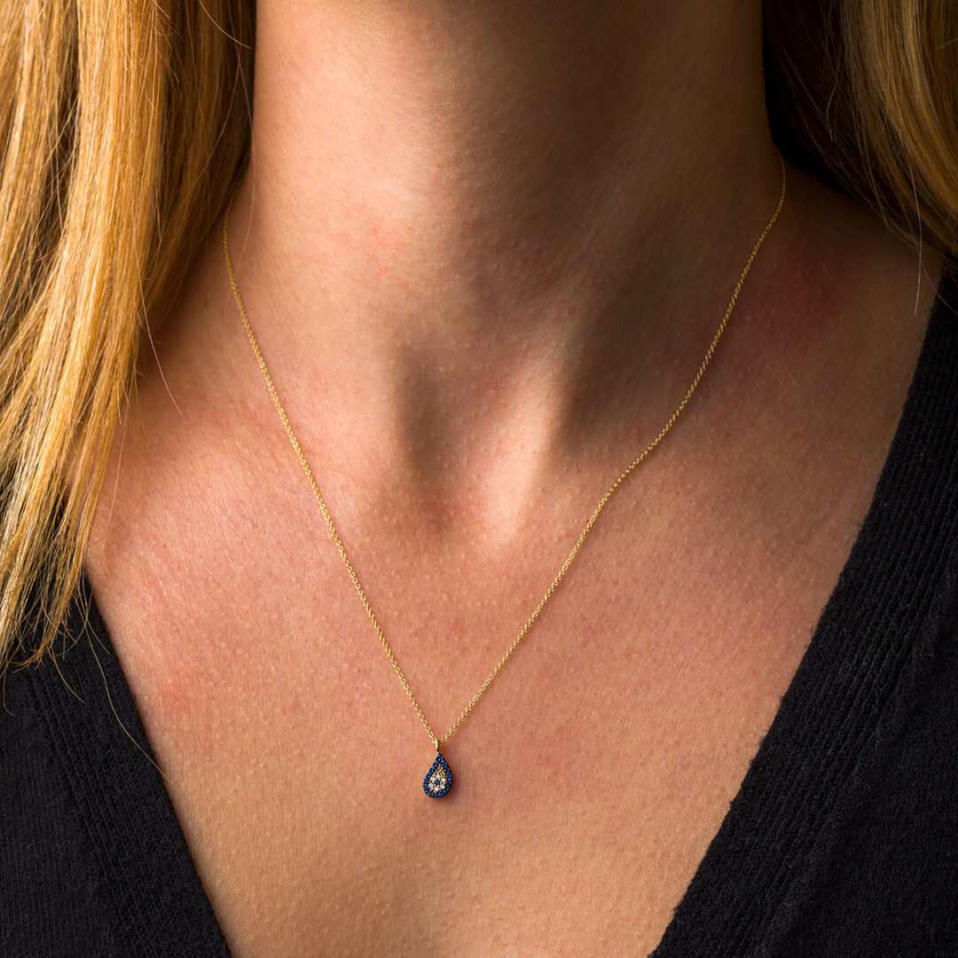 14K Gold Tear drop Evil Eye Necklace with Zircon