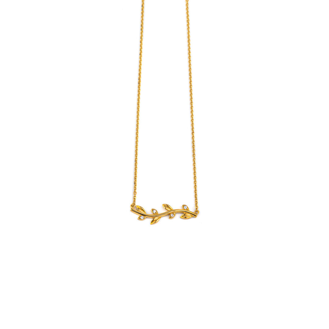 Leaf Necklace with Zircon - 14k Yellow Gold