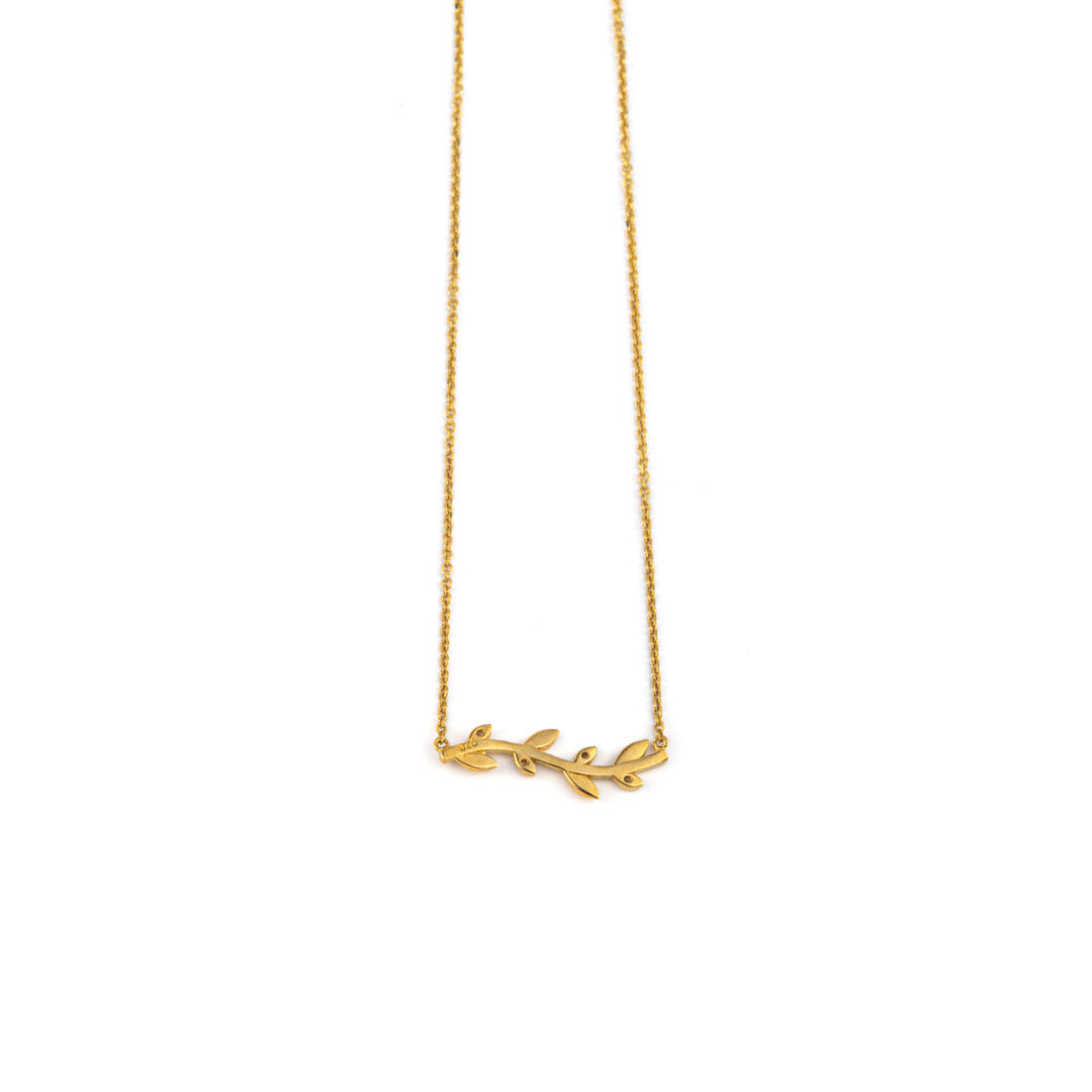Leaf Necklace with Zircon - 14k Yellow Gold