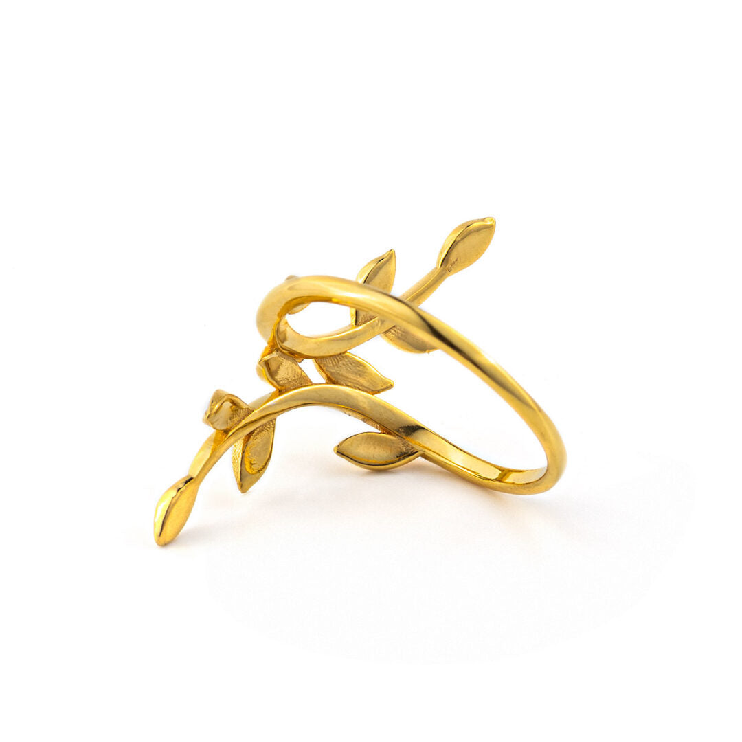 Olive Leaf Branch Ring - 14K Solid Yellow Gold