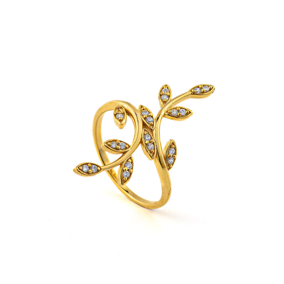 Olive Leaf Ring with Zircon - 14K Solid Yellow Gold