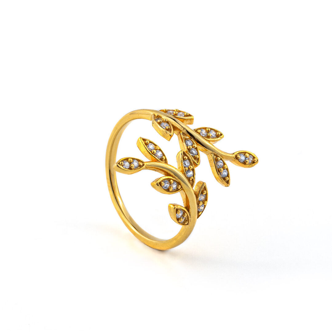 Olive Leaf Ring with White Zircon - 14K Solid Yellow Gold