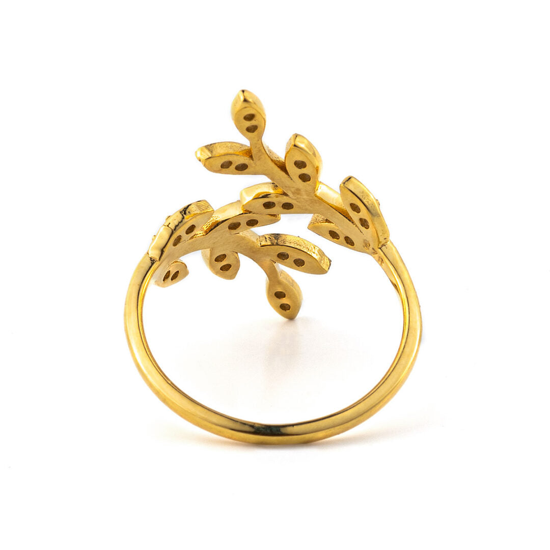 Olive Leaf Ring with White Zircon - 14K Solid Yellow Gold