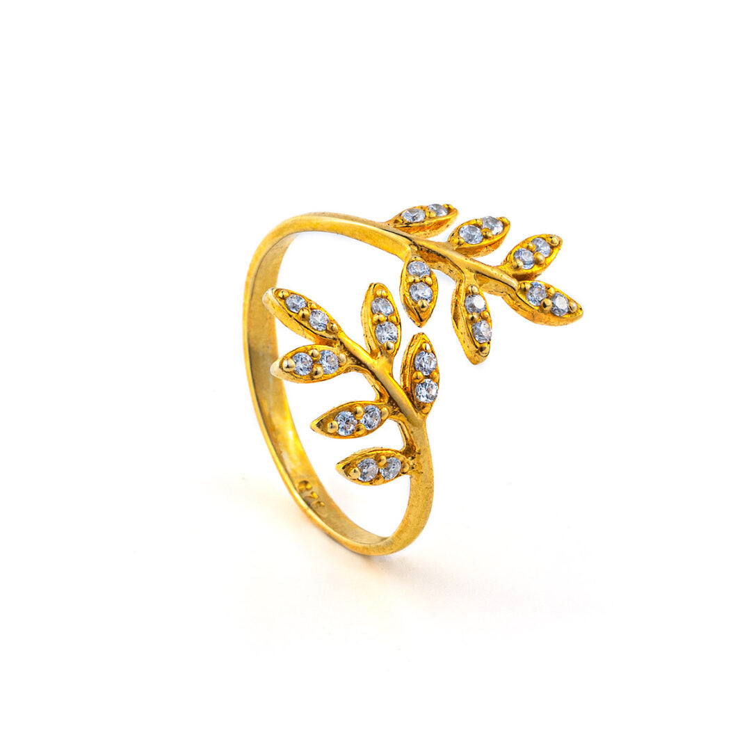 Leaf Adjustable Ring with Zircon - 14K Solid Yellow Gold