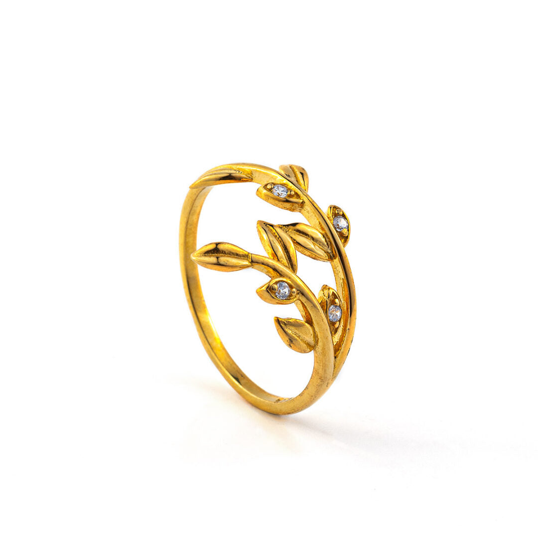 Leaf Zircon Ring - 14K Solid Yellow Gold