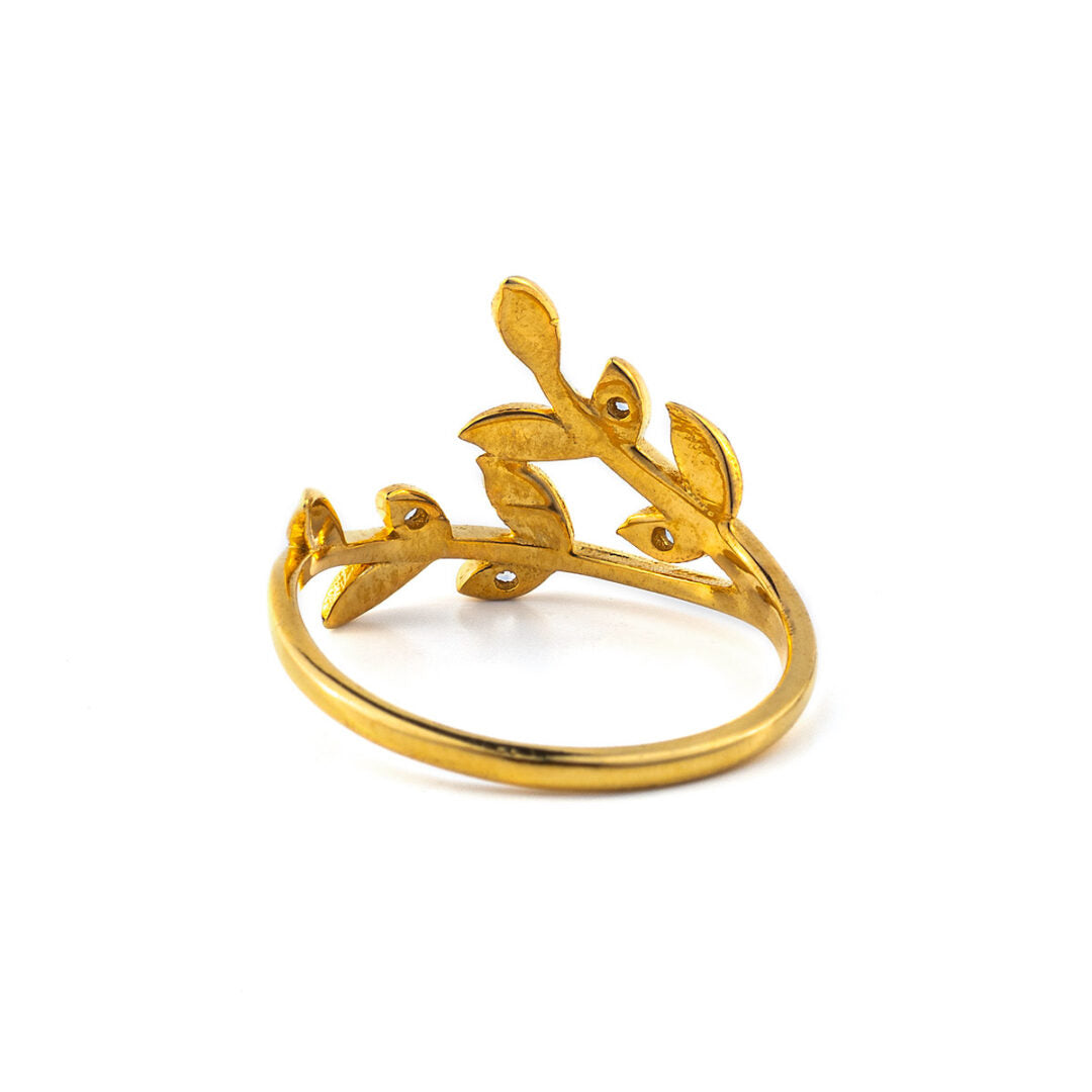Leaf Zircon Ring - 14K Solid Yellow Gold