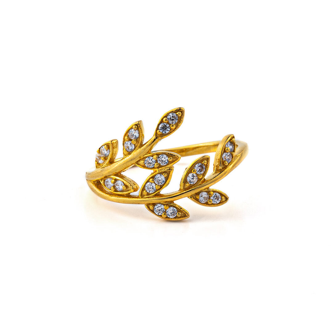 Olive Leaf Ring with Zircon - 14K Solid Yellow Gold