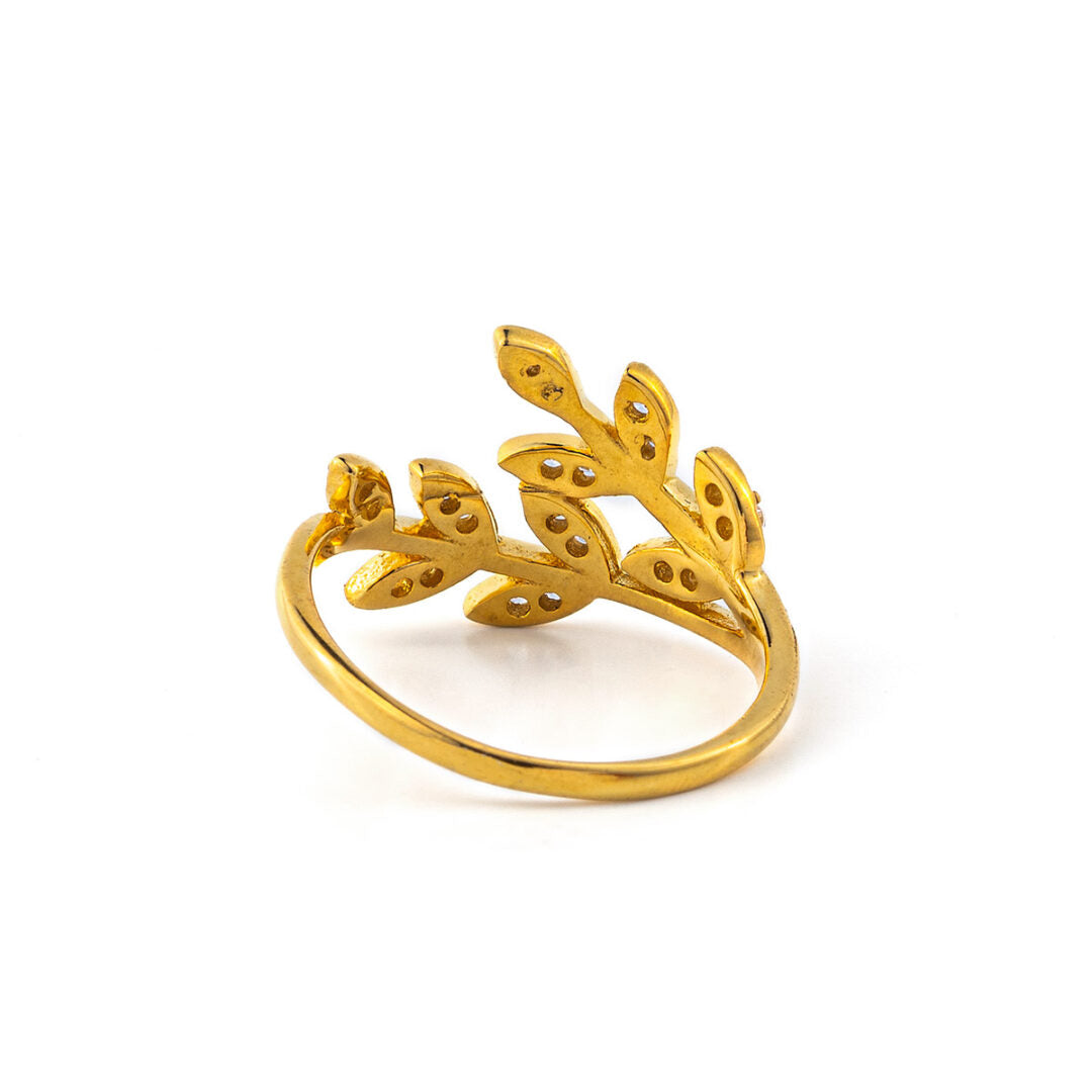 Olive Leaf Ring with Zircon - 14K Solid Yellow Gold