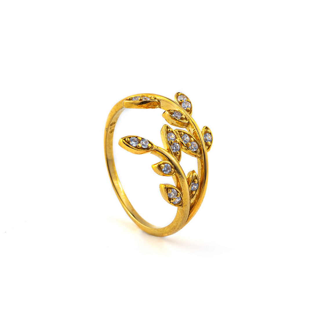Olive Leaf Ring with Zircon - 14K Solid Yellow Gold