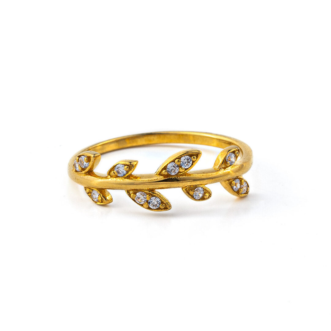 Leaf Ring with Zircon - 14K Solid Yellow Gold