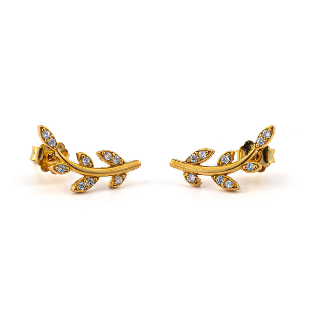 Olive Leaf Zircon Earrings – 14K Solid Yellow Gold