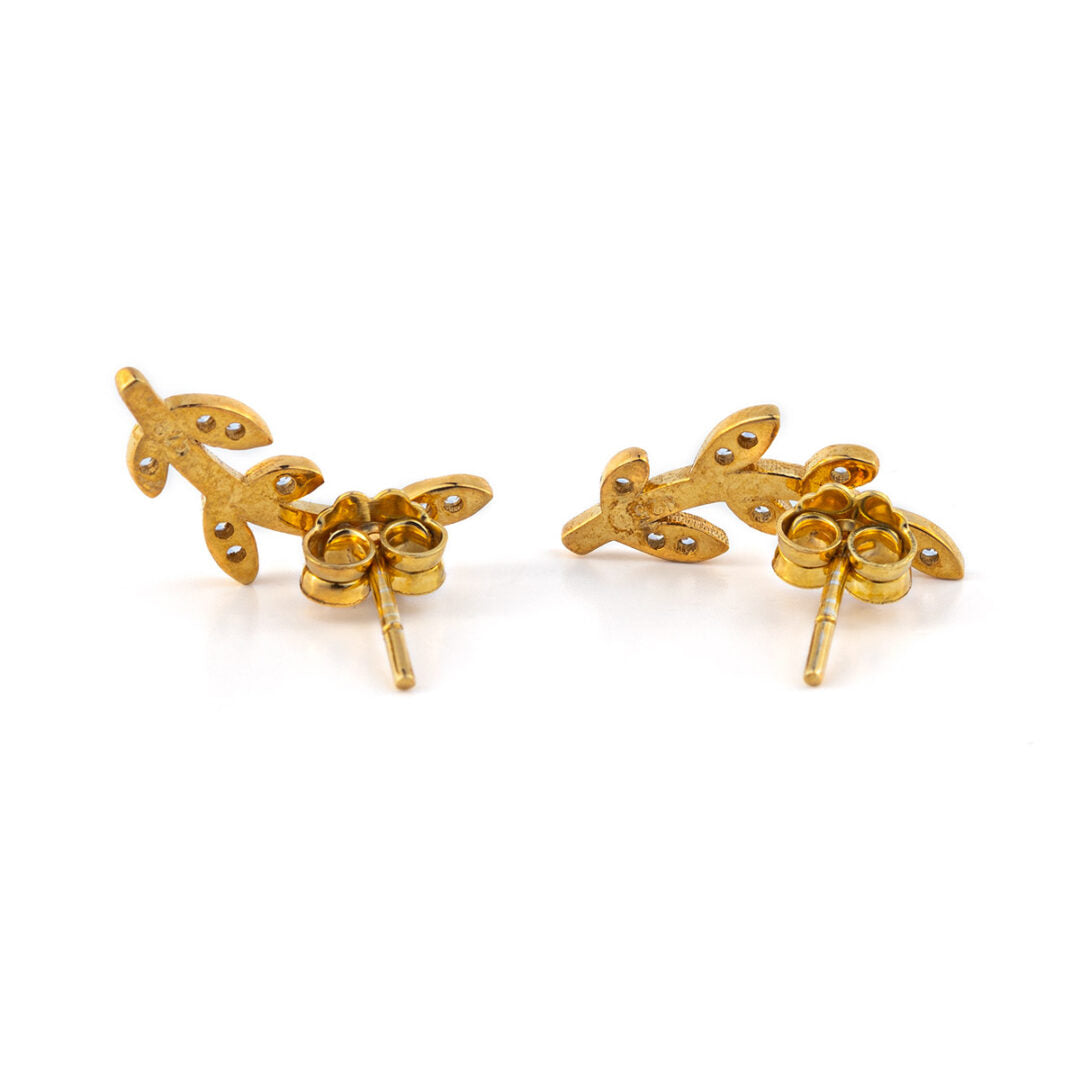Olive Leaf Zircon Earrings – 14K Solid Yellow Gold