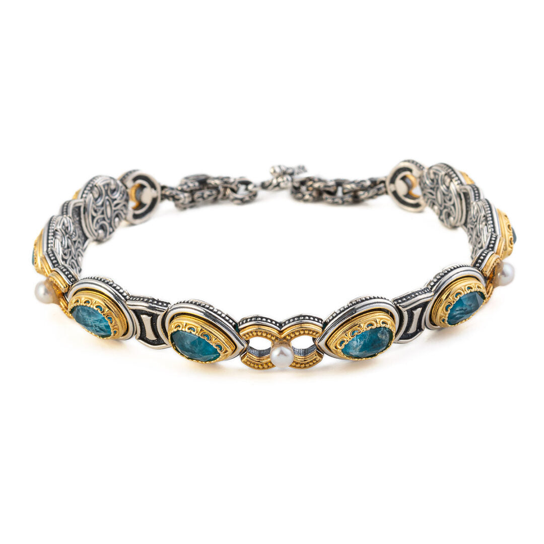 Byzantine Bracelet with Doublet Apatite and Natural Pearl Gemstone