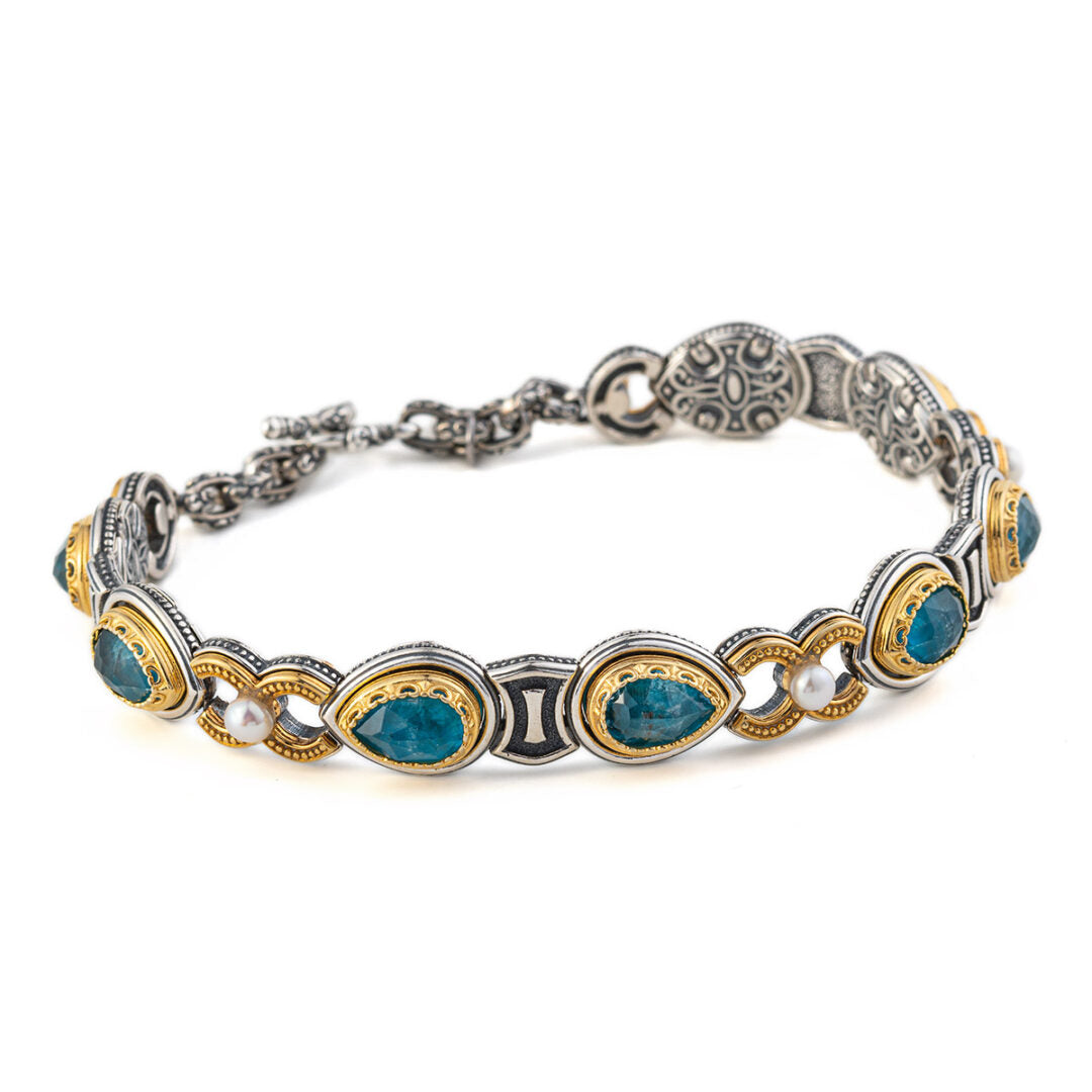Byzantine Bracelet with Doublet Apatite and Natural Pearl Gemstone