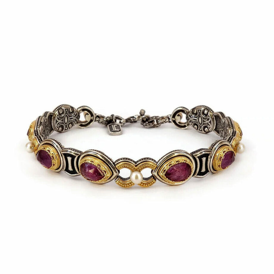 Byzantine Bracelet with Doublet Ruby and Natural Pearl Gemstone