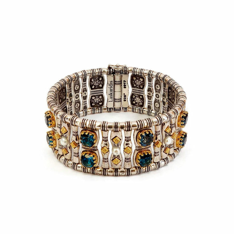 Byzantine Bracelet with Natural London Blue Topaz Gemstone and Natural Pearl