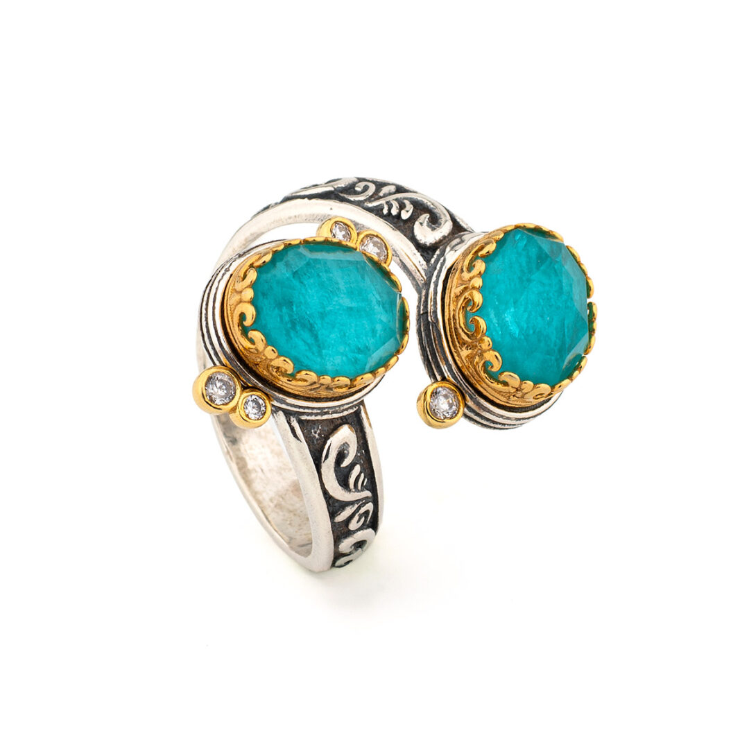 Open Amazonite Doublet & Zircon Byzantine Ring – Sterling Silver 925