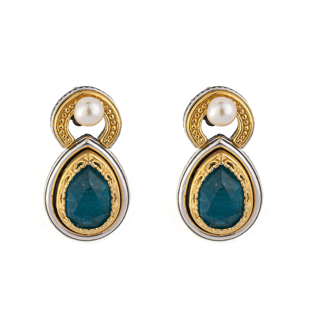 Byzantine Stud Earrings with Apatite - Sterling Silver 925 Gold Plated