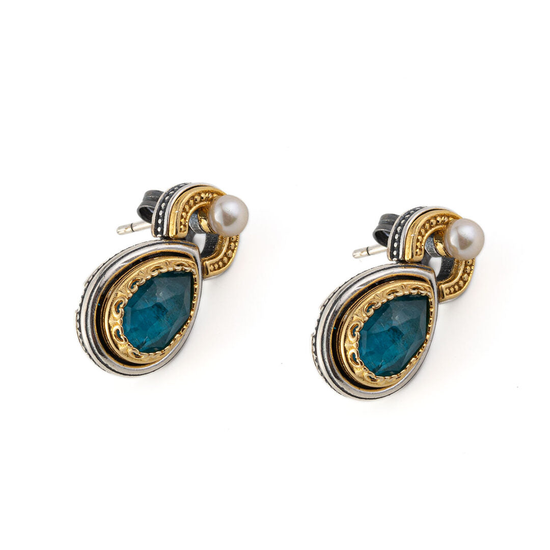 Byzantine Stud Earrings with Apatite - Sterling Silver 925 Gold Plated