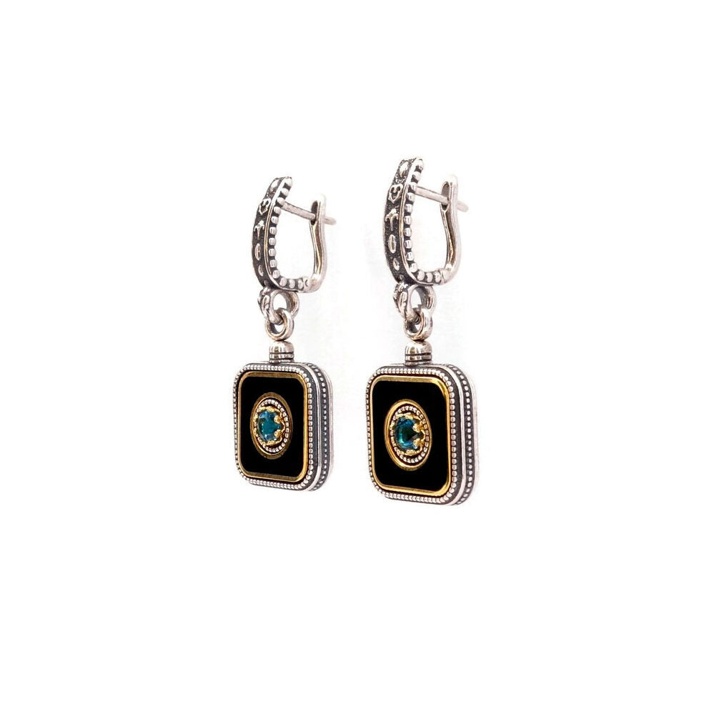 Byzantine Earrings with Crystal London Blue Topaz and Black Enamel