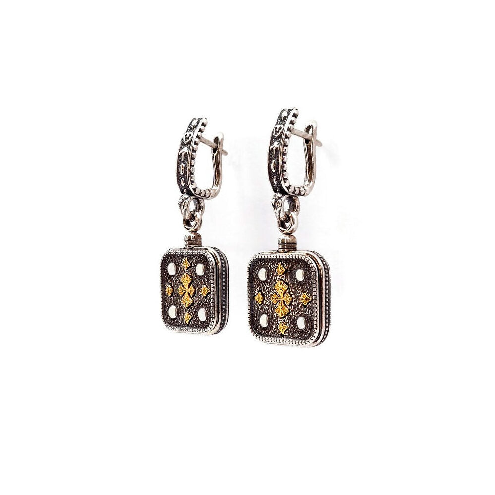 Byzantine Earrings with Crystal London Blue Topaz and Black Enamel