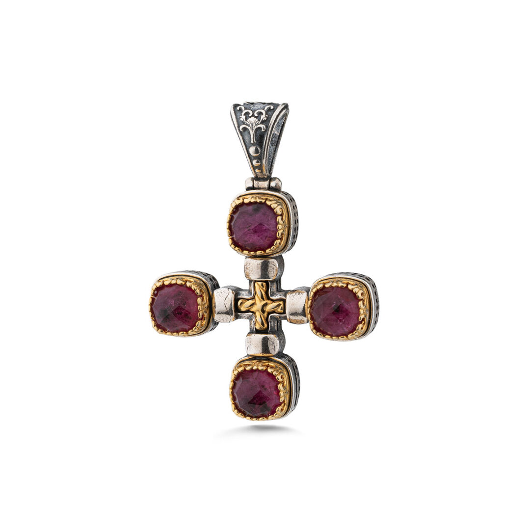 Doublet Ruby Cross Pendant in 925 Sterling Silver and Gold Plated