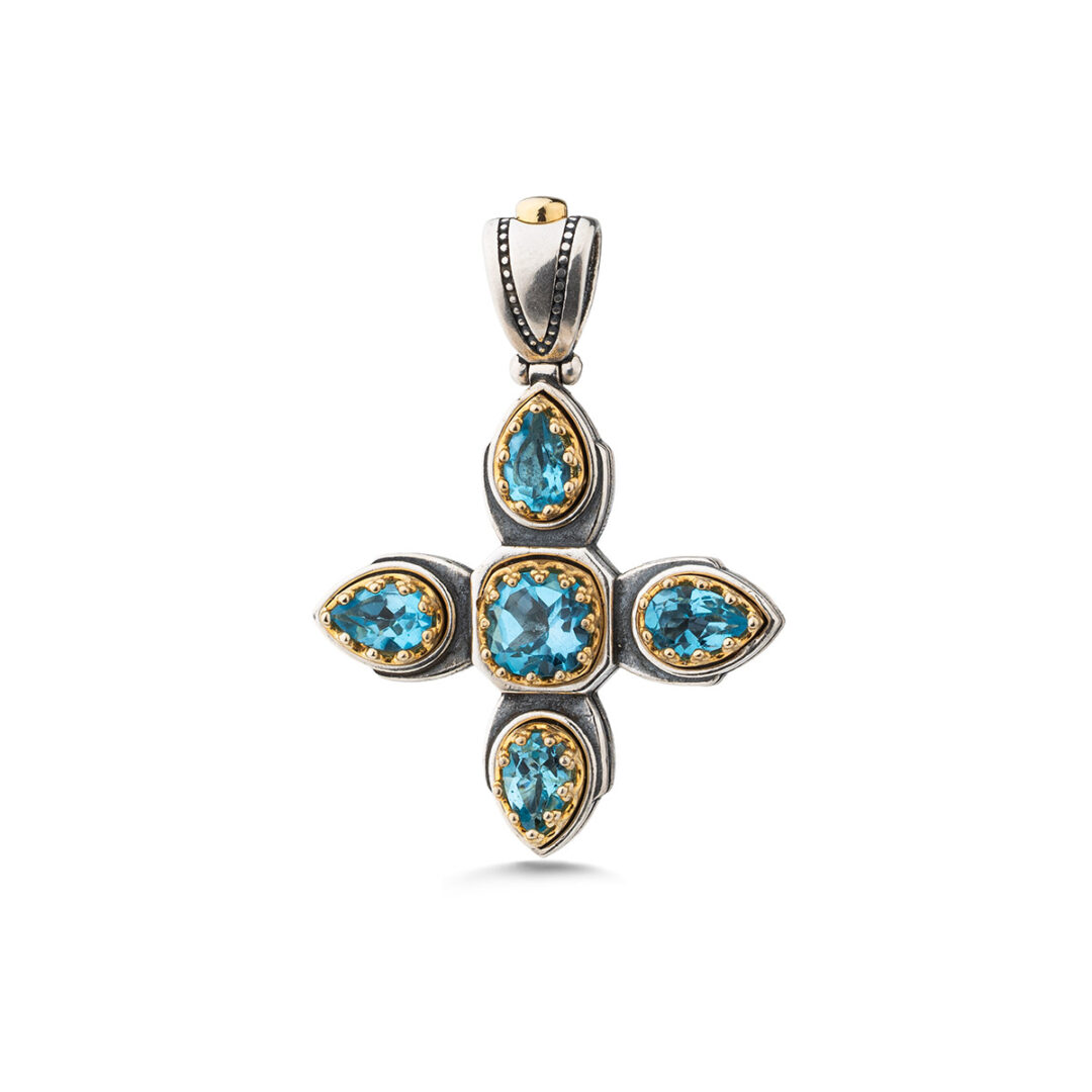Byzantine Crystal Cross Pendant in 925 Sterling Silver and Gold Plated