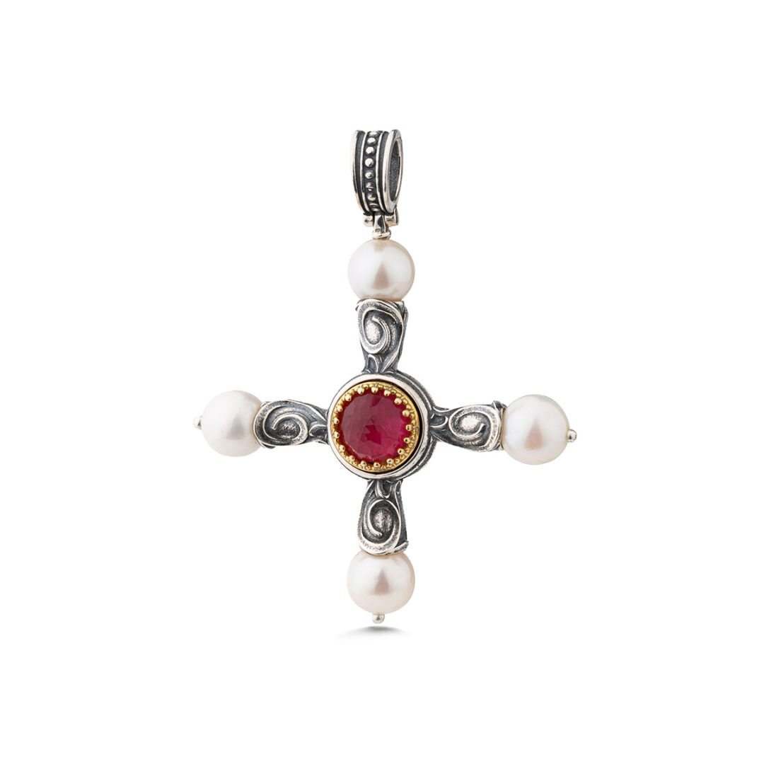 Doublet Ruby and Pearls Cross Pendant in 925 Sterling Silver and Gold Plated