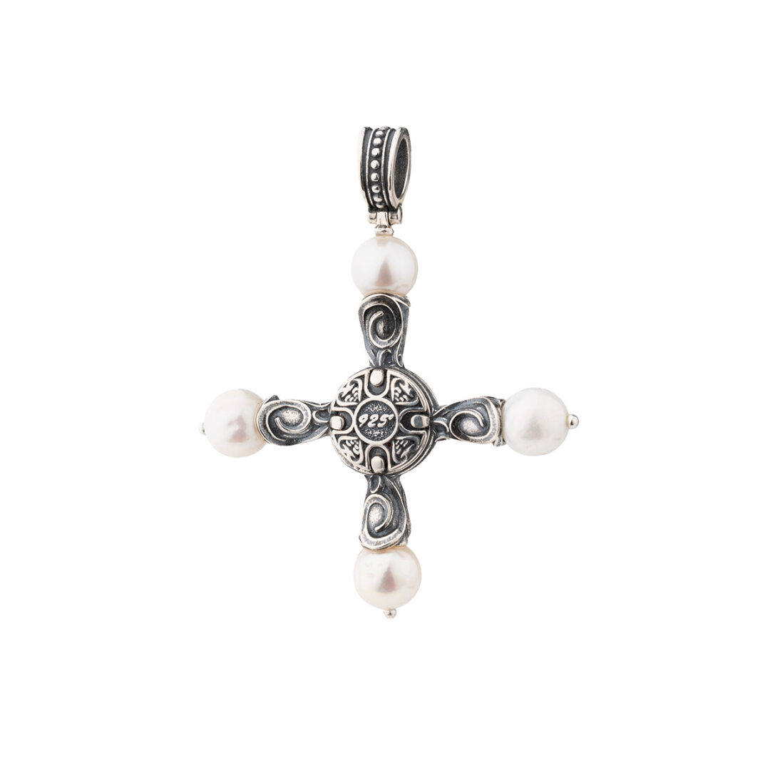 Doublet Ruby and Pearls Cross Pendant in 925 Sterling Silver and Gold Plated