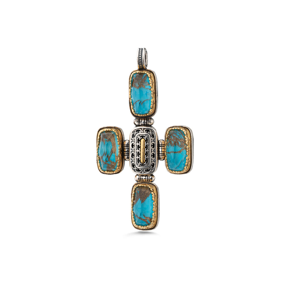 Two Side Cross Pendant with Doublet Turquoise Green Copper