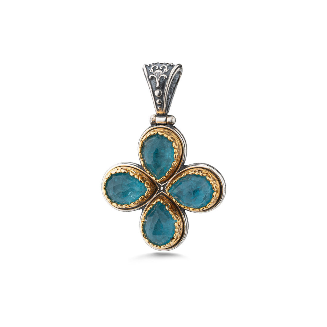 Byzantine Doublet Apatite Cross Pendant in 925 Sterling Silver and Gold Plated