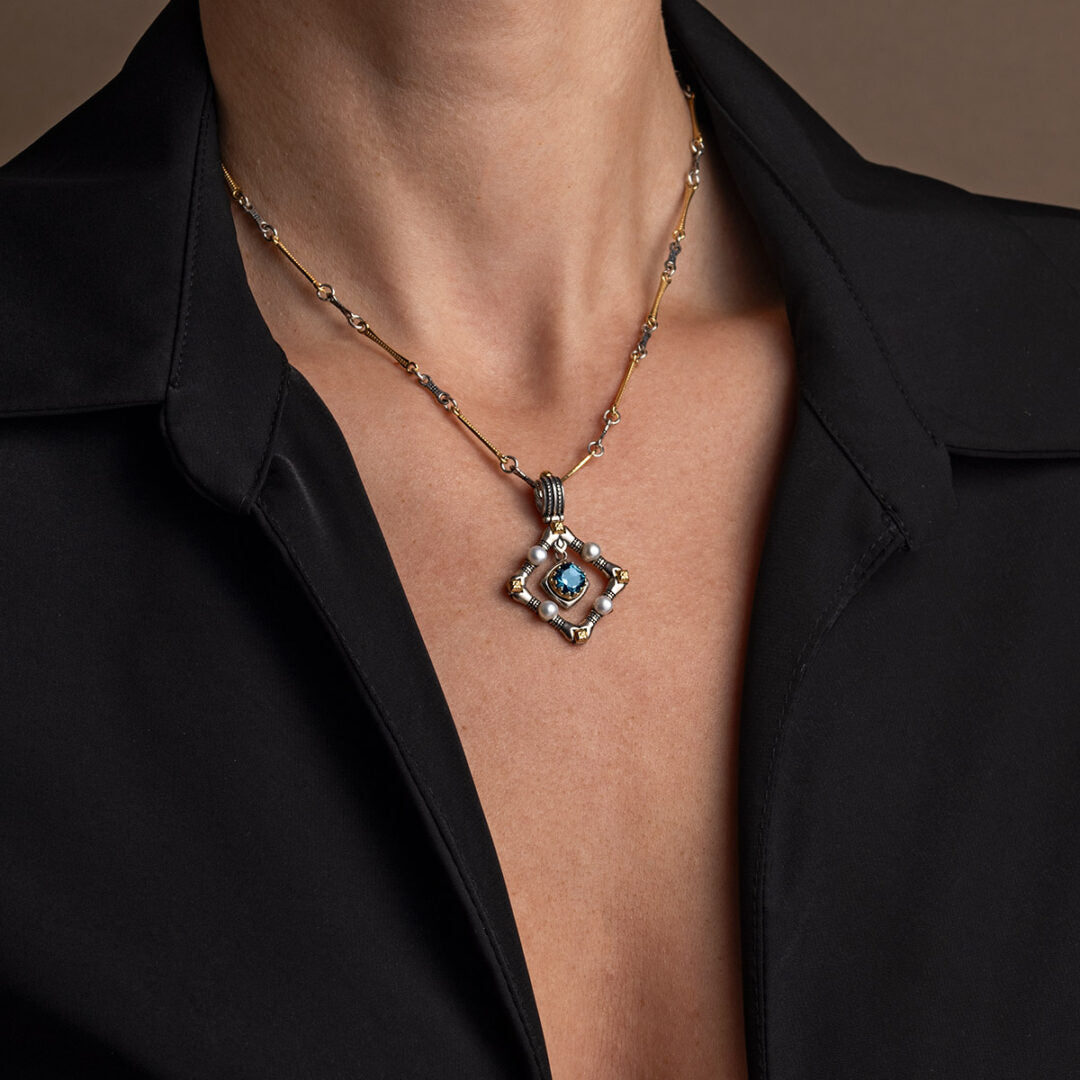 Byzantine Pendant with Natural London Blue topaz Gemstone and Pearl