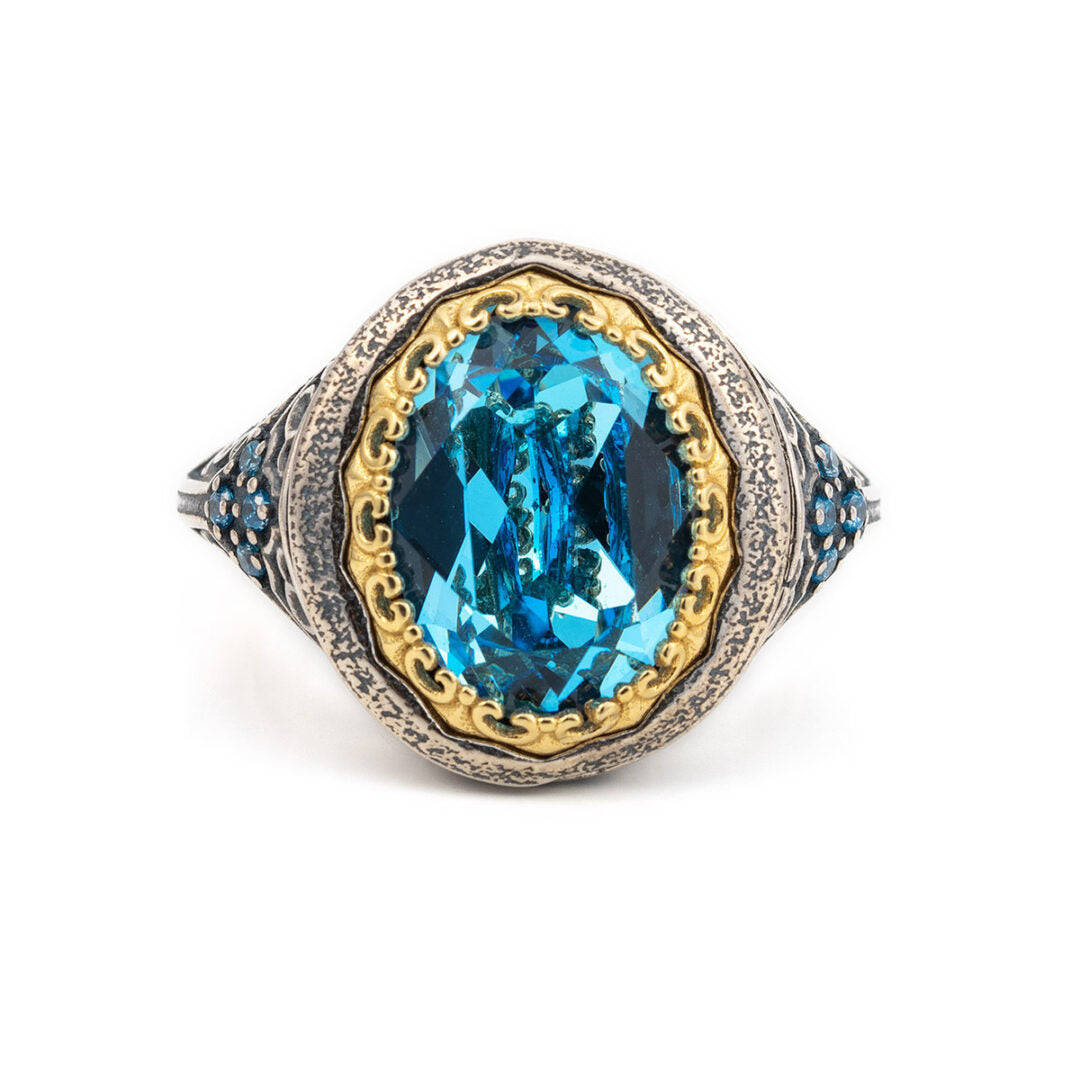 Sterling Silver Gold Plated Byzantine Ring with Crystal
