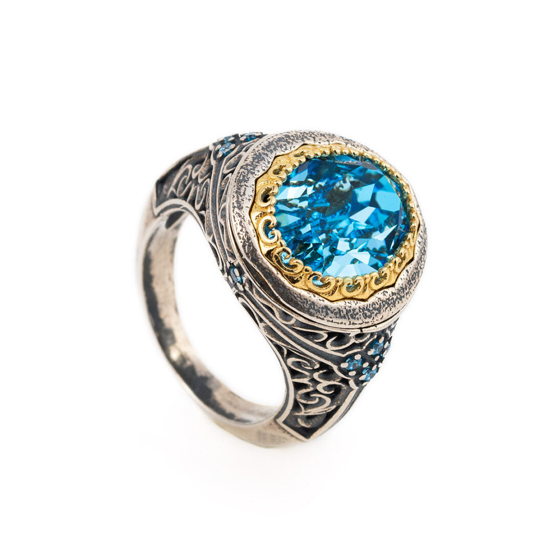 Byzantine Ring with Crystal in Sterling Silver Gold Plated