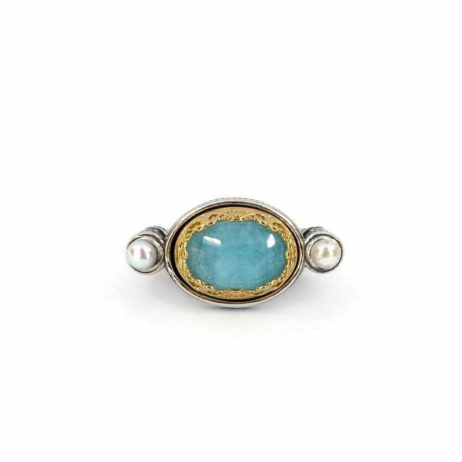 Byzantine Ring with Amazonite Doublet Stone - 925 Sterling Silver Gold Plated