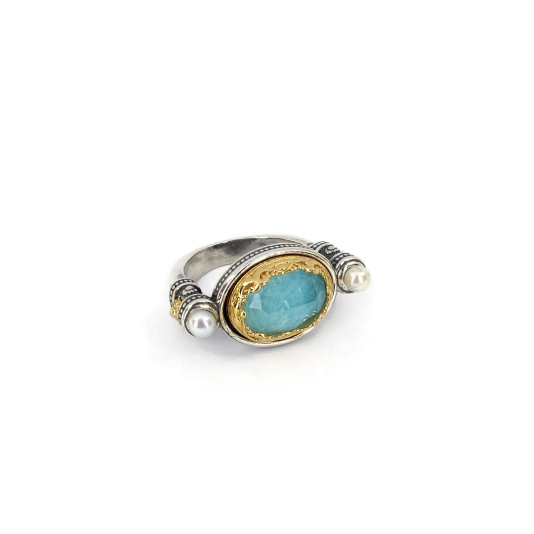 Byzantine Ring with Amazonite Doublet Stone - 925 Sterling Silver Gold Plated