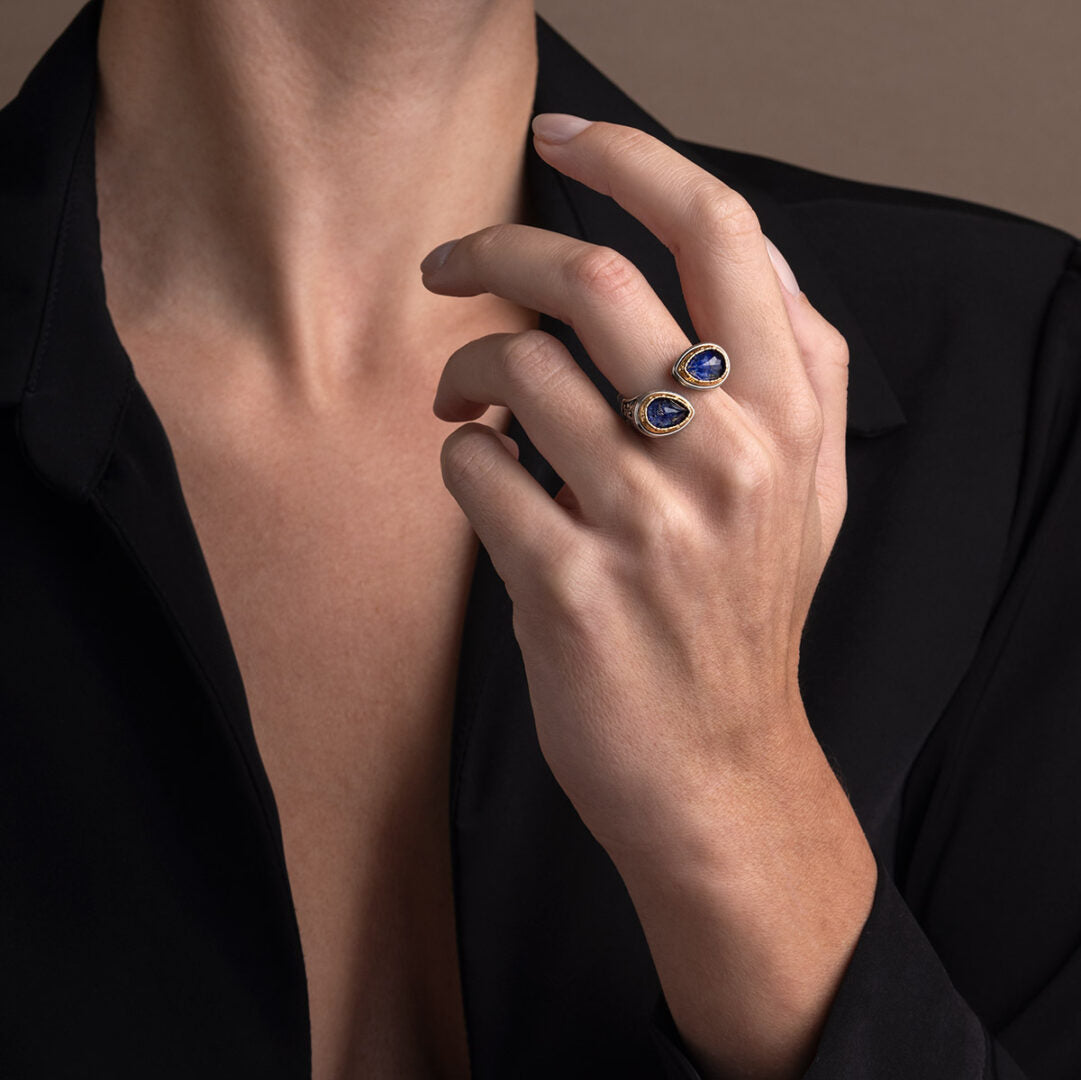 Byzantine Ring with Lapis Doublet Stone - 925 Sterling Silver Gold Plated