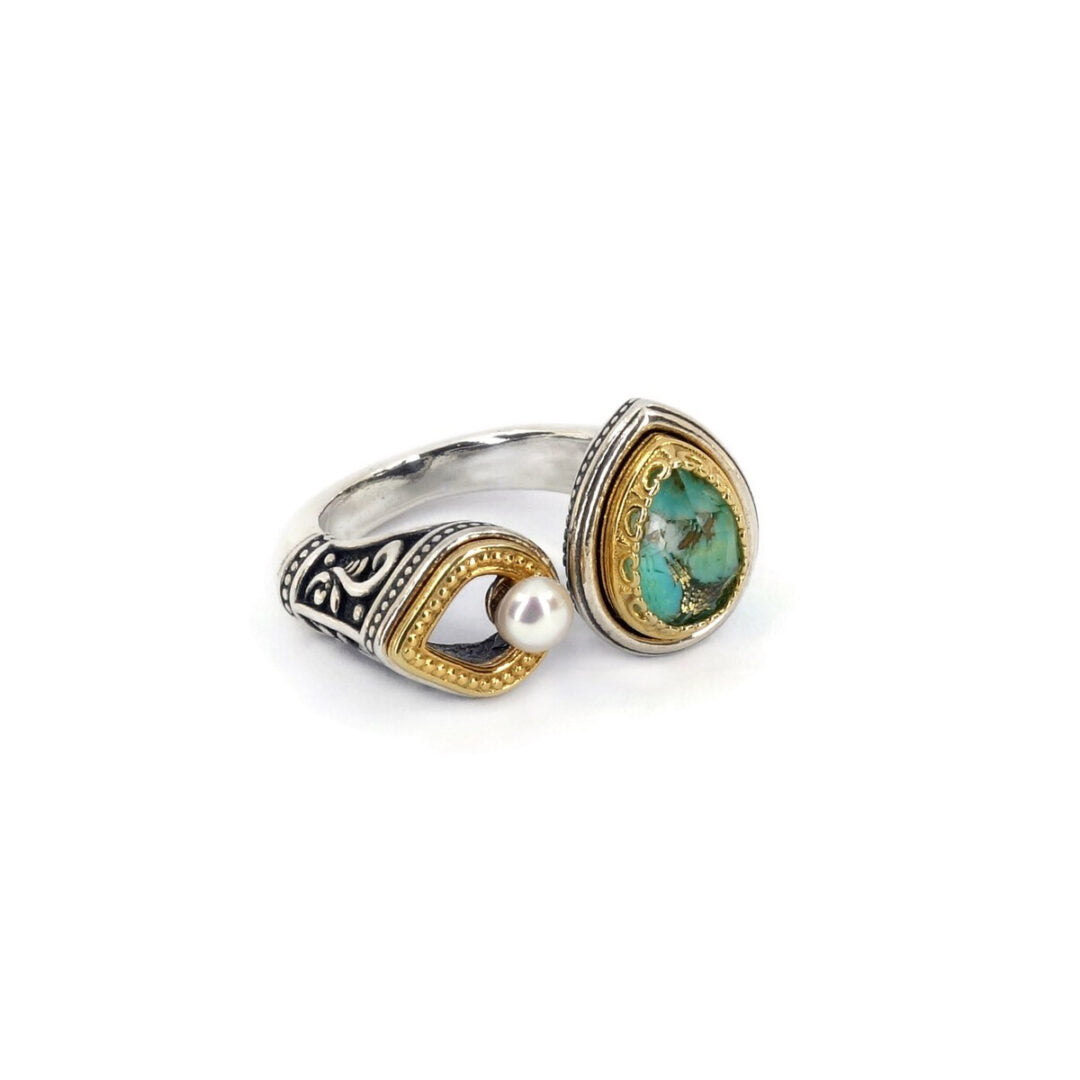 Byzantine Ring Green Turquoise Doublet Stone - 925 Sterling Silver