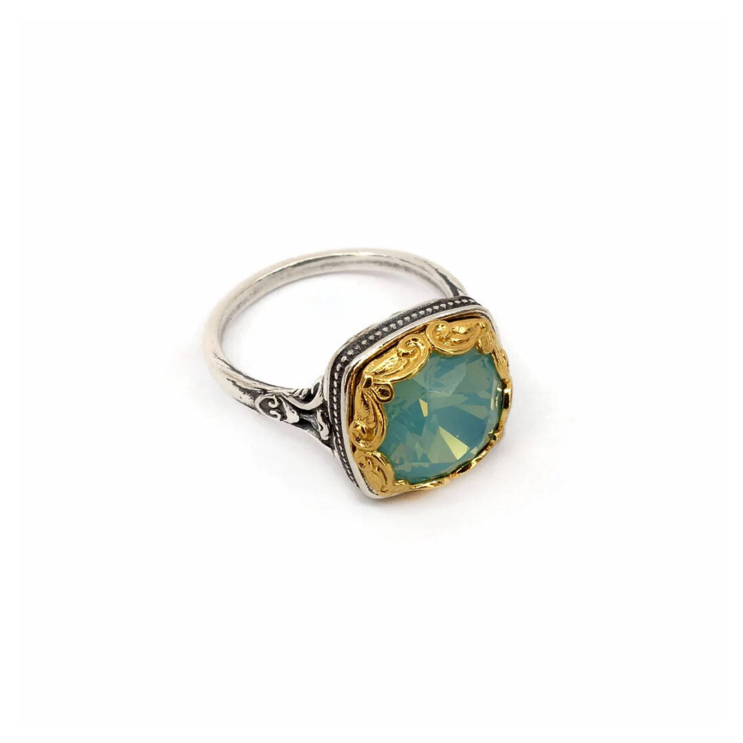 Byzantine Ring Green Opal Crystal Stone - 925 Sterling Silver