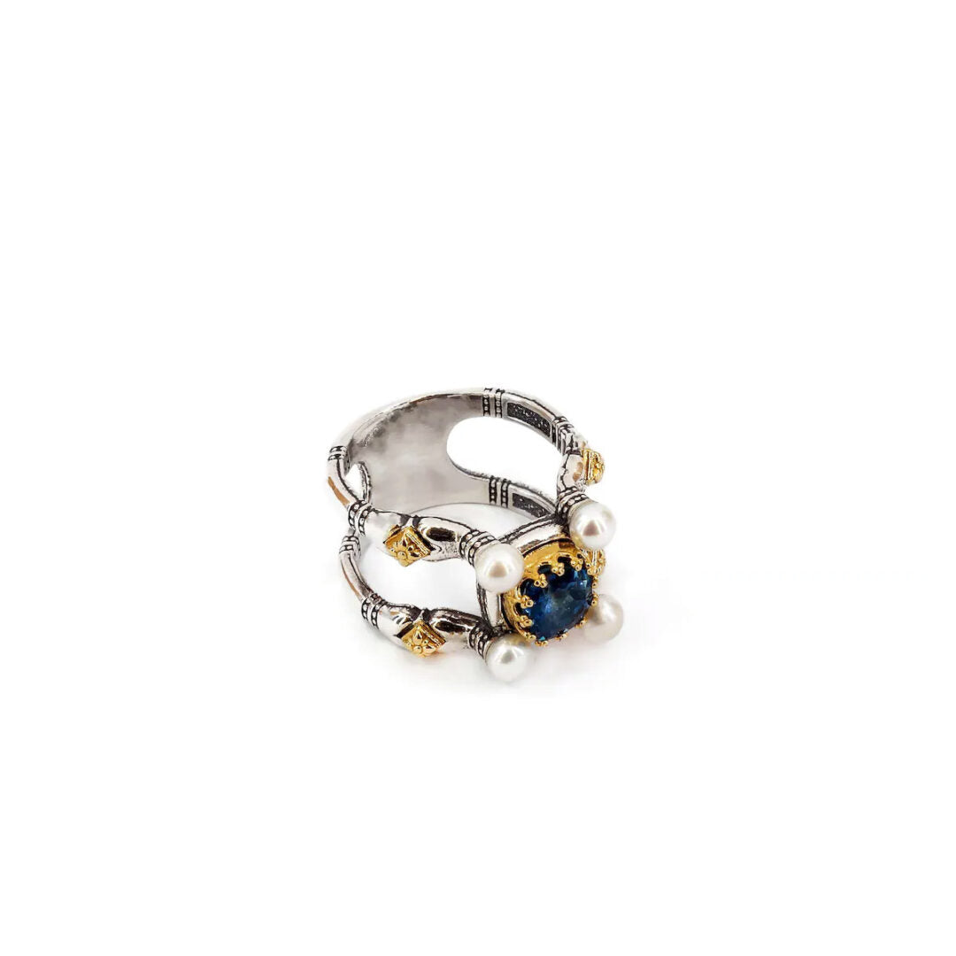 Byzantine Ring with Natural London Blue Topaz Gemstone and Pearl