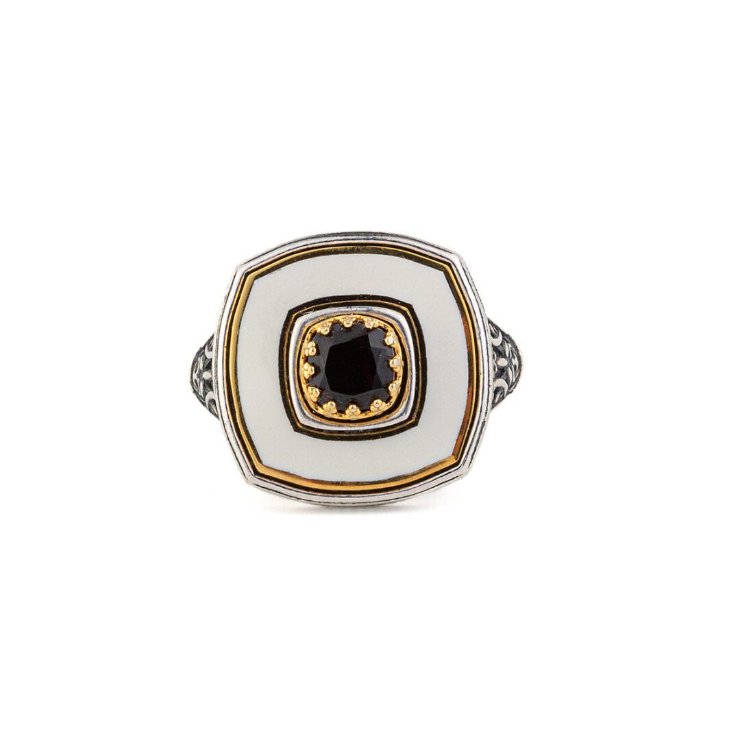 Byzantine Ring with Natural Garnet Gemstone - 925 Sterling Silver Gold Plated