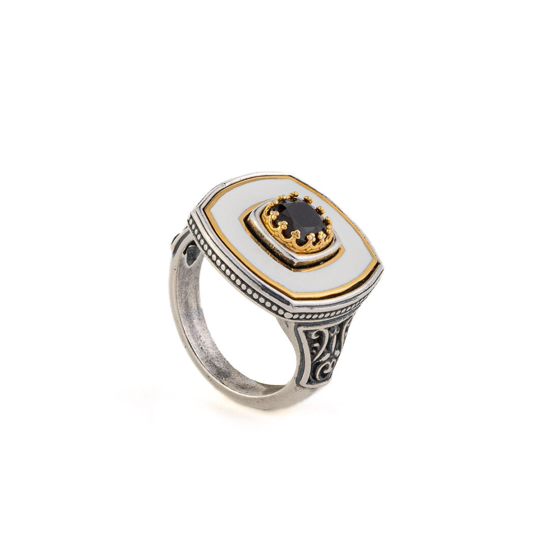 Byzantine Ring with Natural Garnet Gemstone - 925 Sterling Silver Gold Plated