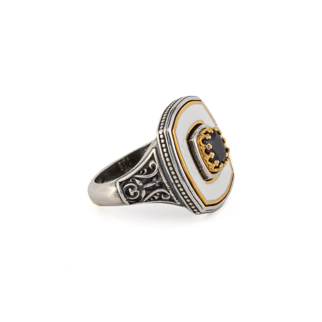 Byzantine Ring with Natural Garnet Gemstone - 925 Sterling Silver Gold Plated
