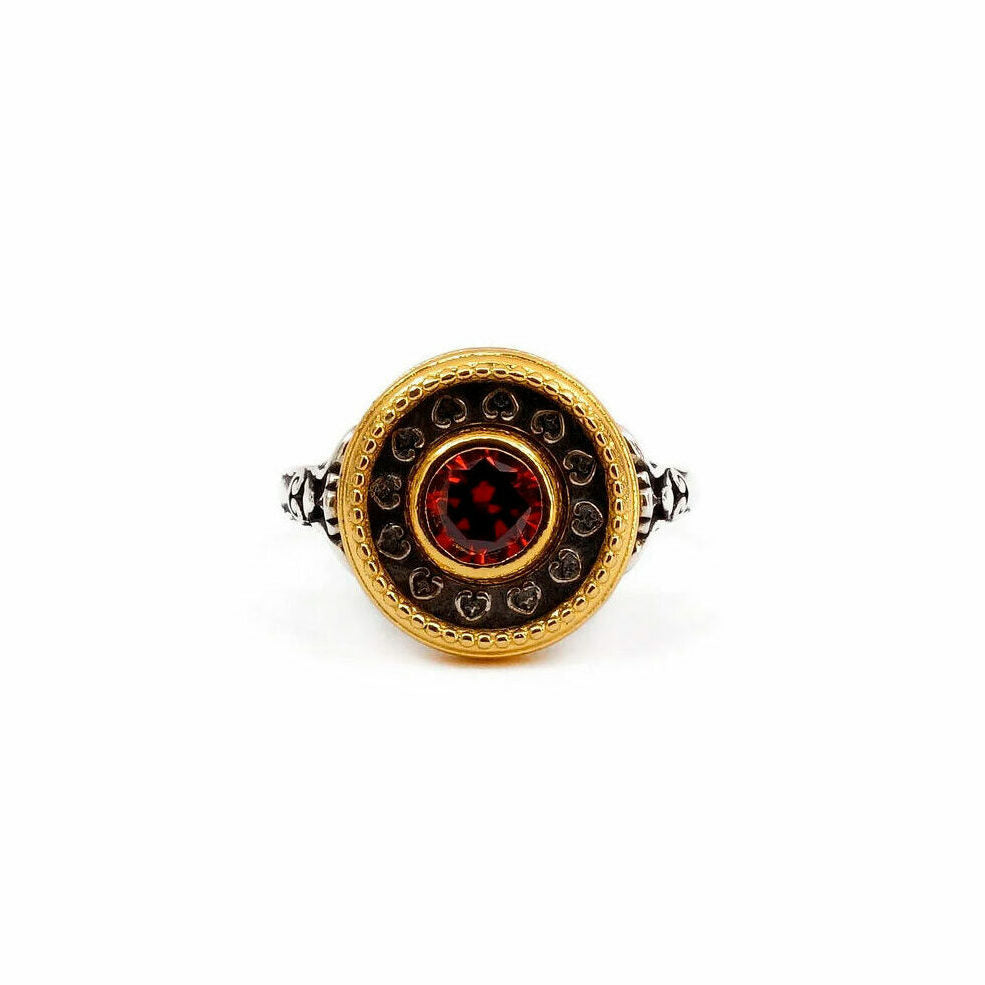 Byzantine Ring with Garnet Zircon Stone - 925 Sterling Silver Gold Plated