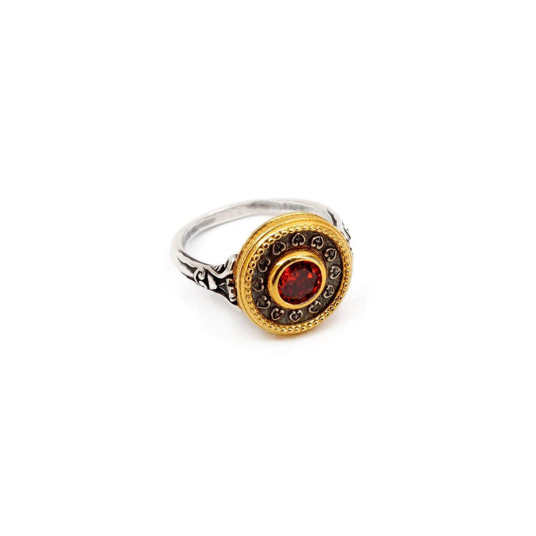 Byzantine Ring with Garnet Zircon Stone - 925 Sterling Silver Gold Plated