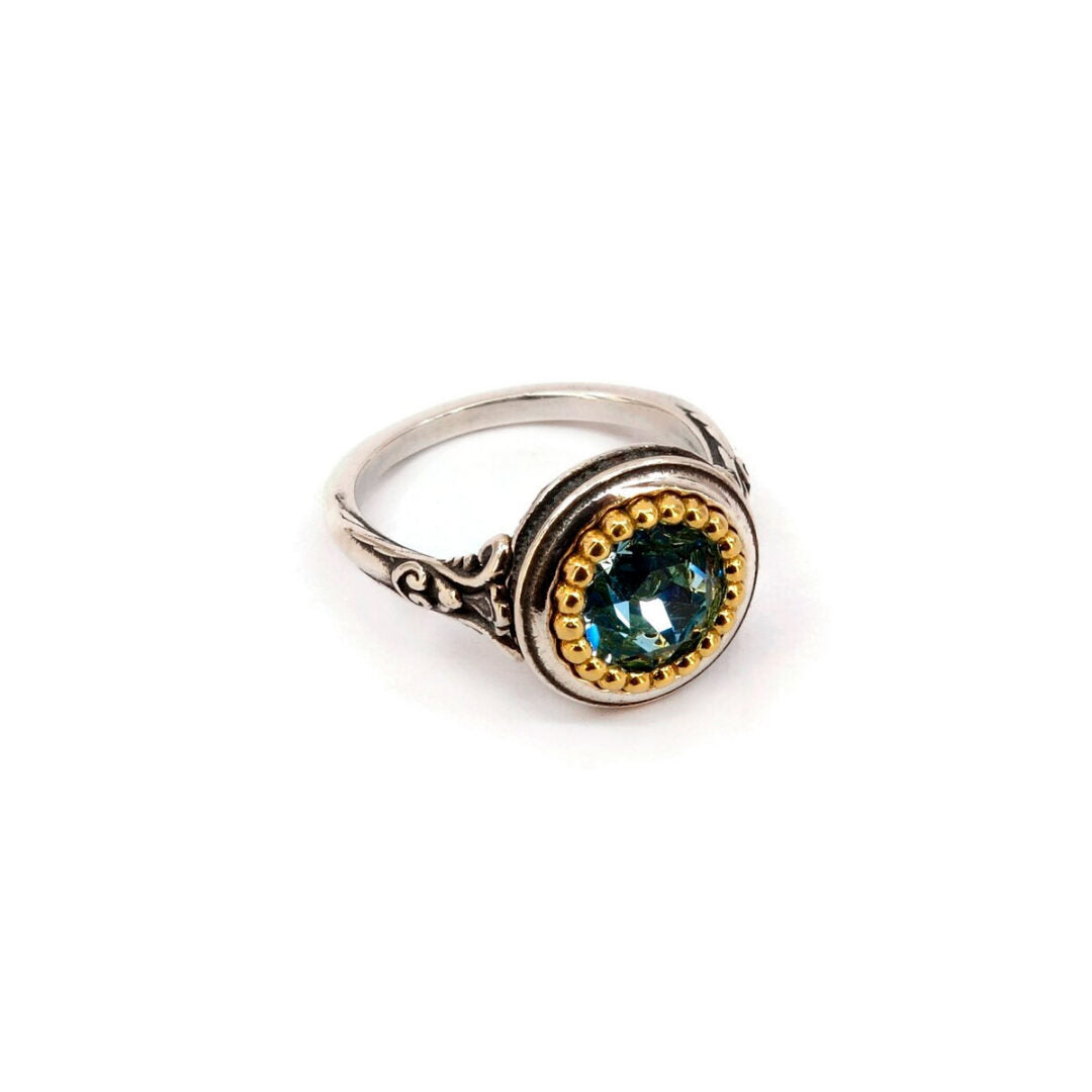 Byzantine Ring Aquamarine Crystal Stone - 925 Sterling Silver Gold Plated