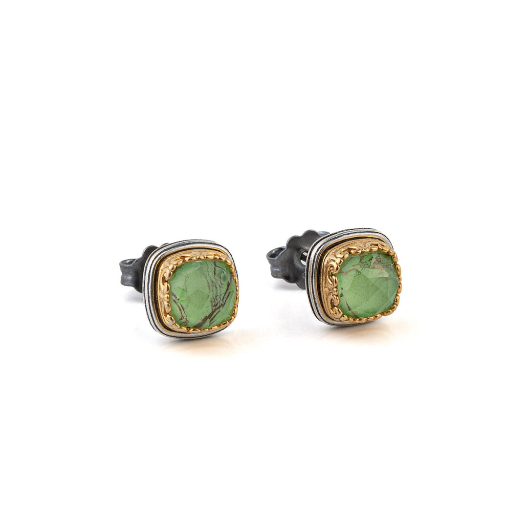 Byzantine Stud Earrings with Green Copper Doublet Gemstone