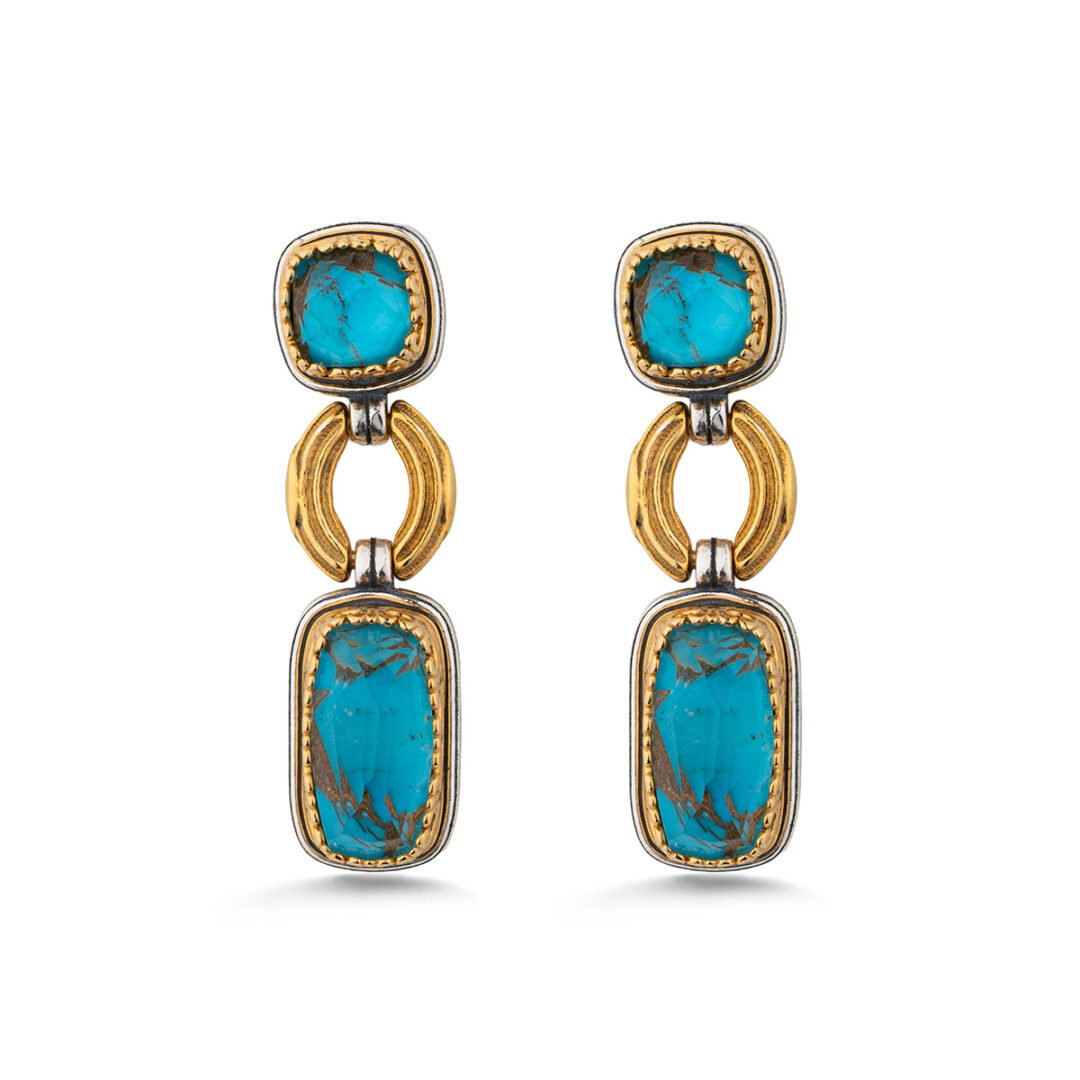 Doublet Turquoise Byzantine Geometric Drop Earrings in 925 Sterling Silver