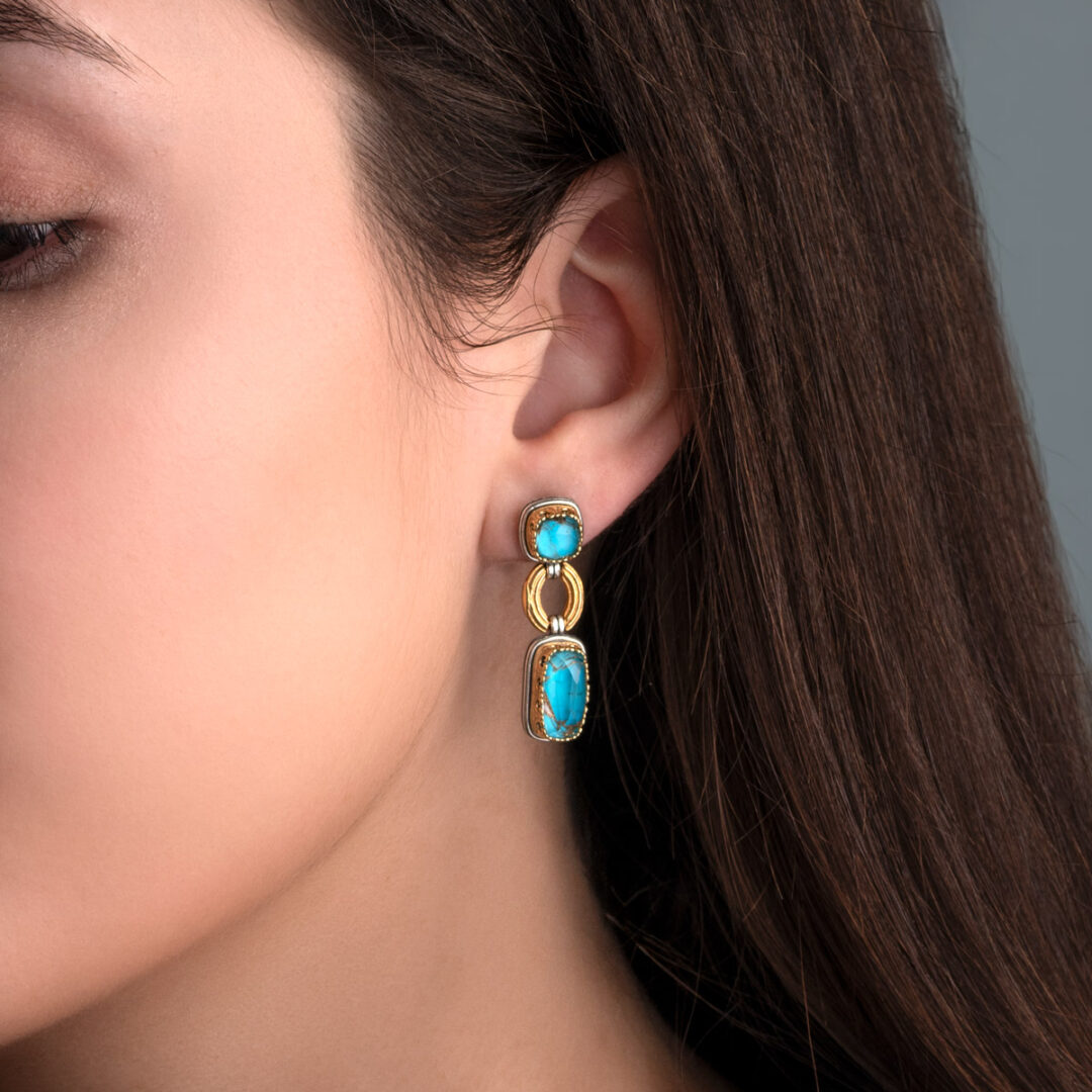 Doublet Turquoise Byzantine Geometric Drop Earrings in 925 Sterling Silver
